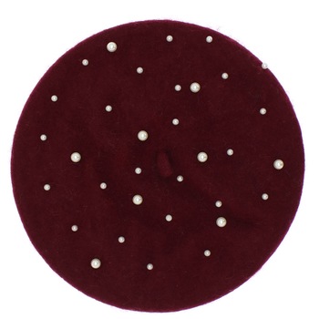 Bereta de dama, 90% lana 10% acrylic, Visiniu cu perle - BSC329 Bereta de dama, 90% lana 10% acrylic, Visiniu cu perle - BSC329