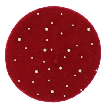 Bereta de dama, 90% lana 10% acrylic, Rosu cu perle - BSC328 Bereta de dama, 90% lana 10% acrylic, Rosu cu perle - BSC328