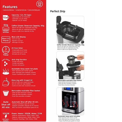 Cafetiera 2 in 1 HAEGER PERFECT DRIP CM-10B.010A, 1050 W, 1.25 L, 10 Cesti, rasnita cafea incorporate 60 gm, oprire automata, functie keep warm, timer, afisaj LCD, argintiu/negru