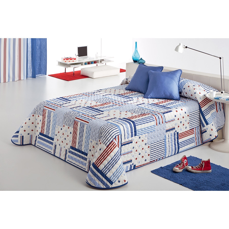 Set Cuvertura matlasata Patch 2P si 1 perna decorativa, Reig Marti, albastru, patchwork, dimensiune 190 cm x 270 cm