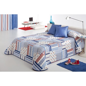Set Cuvertura matlasata Patch 2P si 1 perna decorativa, Reig Marti, albastru, patchwork, dimensiune 190 cm x 270 cm Set Cuvertura matlasata Patch 2P si 1 perna decorativa, Reig Marti, albastru, patchwork, dimensiune 190 cm x 270 cm
