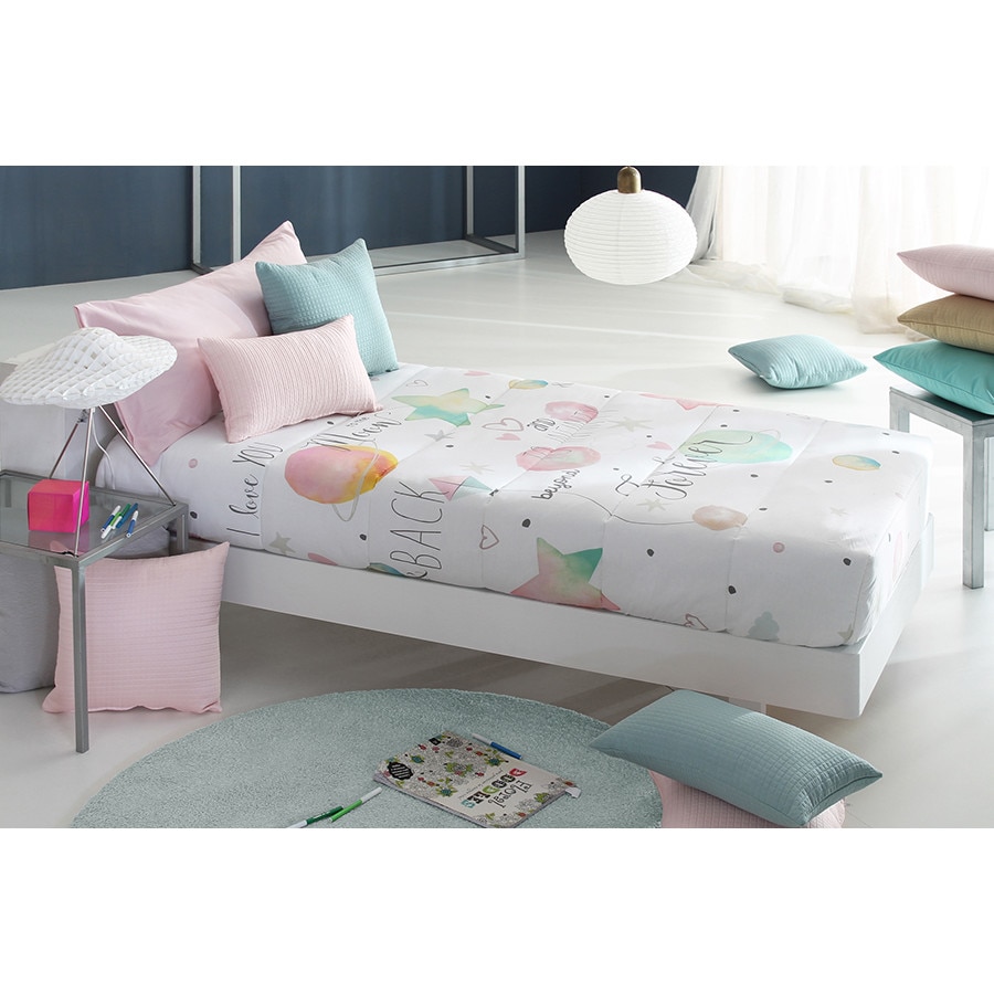 Set Cuvertura matlasata fixa Samar AG si 1 perna decorativa, Reig Marti, alb, pentru pat de 90 cm x 200 cm