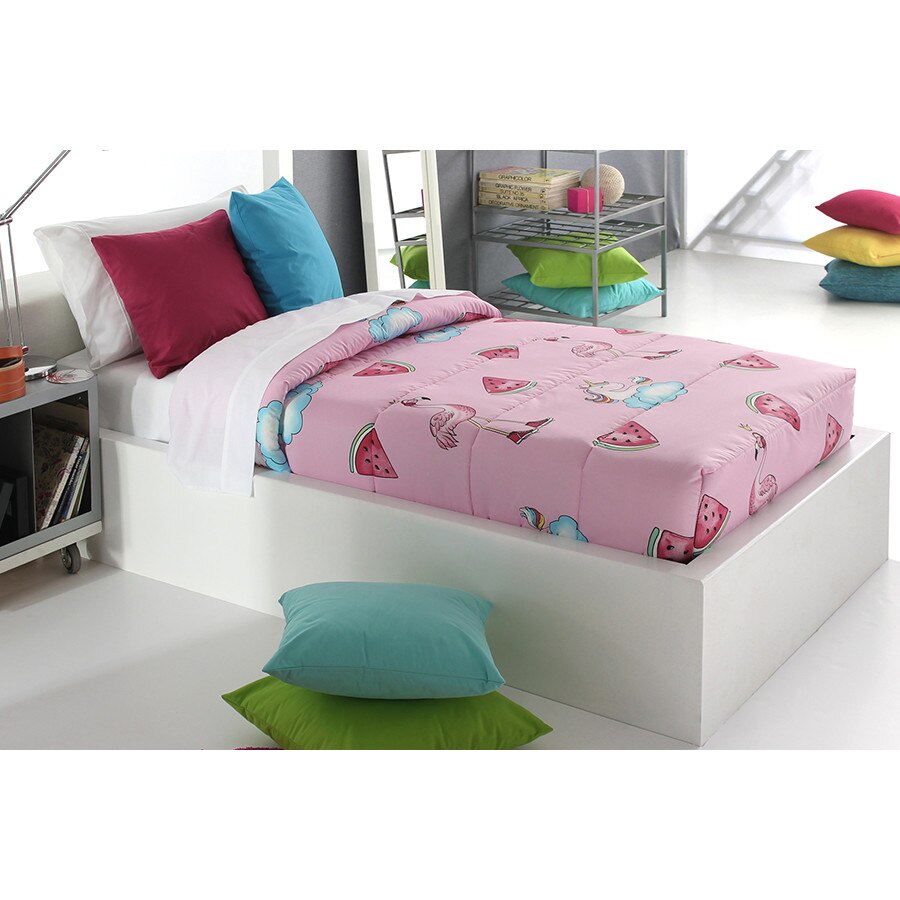 Set Cuvertura matlasata fixa Pink AG si 1 perna decorativa, Reig Marti, roz, unicorn, pentru pat de 90 cm x 200 cm