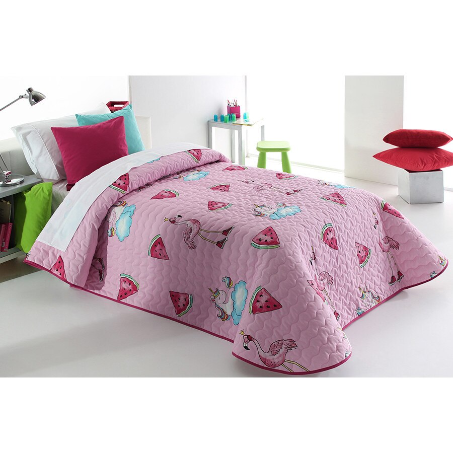 Set Cuvertura matlasata Pink 2P si 1 perna decorativa, Reig Marti, roz, unicorn, dimensiune 205 cm x 270 cm