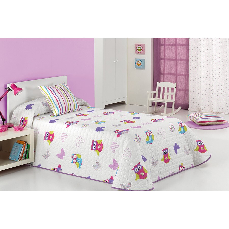 Set Cuvertura matlasata Lala 2P si 1 perna decorativa, Reig Marti, roz, mov, bufnite, dimensiune 205 cm x 270 cm