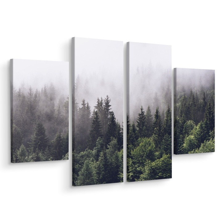 Set Tablou 4 Piese PADURE Copaci Peisaj 200cm x 150cm Efect 3D, Multicanvas, Panza pe cadru de lemn, Decoratiuni Moderne pentru Casa