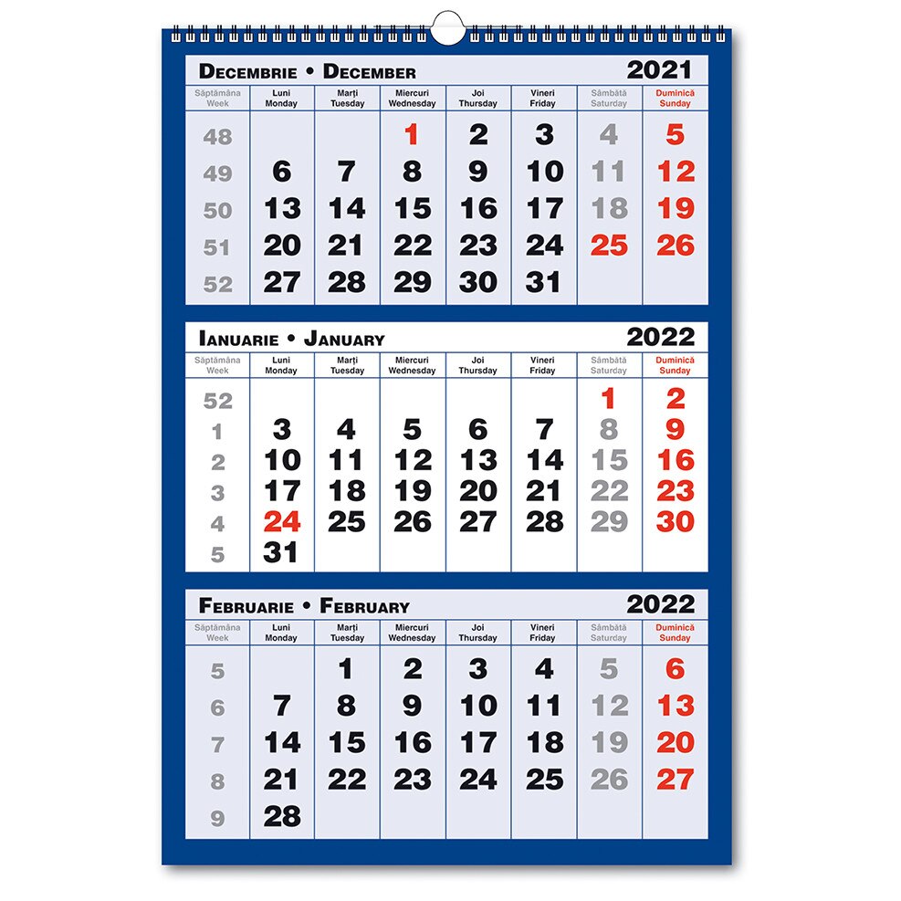 Calendar de Perete 2022 Triptic in 3 culori, pe fond albastru, 33x48cm, spira metalica dubla
