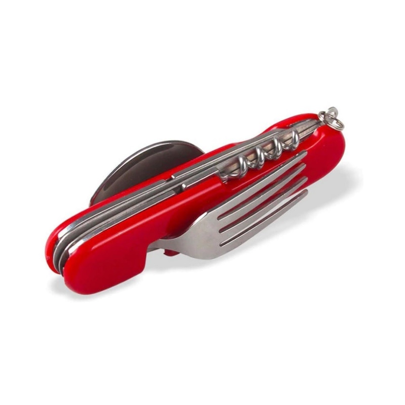 Cutit multifunctional pentru camping 8 in 1, cu lingura, furculita, tirbison si desfacator de capace, 19 cm