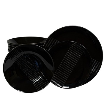 Set Complet Serviciu De Masa, Black Delilah, 18 piese, Cesiro, Negru Abis cu Design Zebra tIp banda mijloc Set Complet Serviciu De Masa, Black Delilah, 18 piese, Cesiro, Negru Abis cu Design Zebra tIp banda mijloc