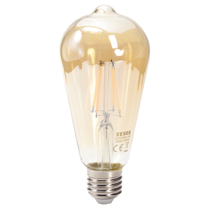 LED крушка CON VINTAGE TESLA Lighting, 4W, E27, 230V, 380 lm, топла светлина 2400K, 360º, еквивалентна на класическа крушка 34W