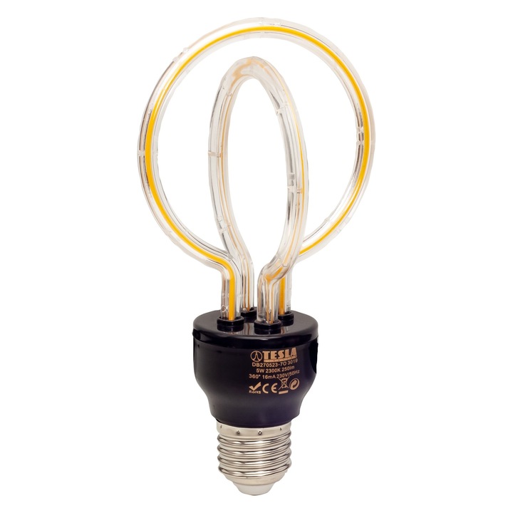 LED крушка Design Filament TESLA Lighting, 5W, E27, 230V, 250 lm, топла светлина 2300K, 360º, еквивалентна на класическа крушка LOTUS 25W
