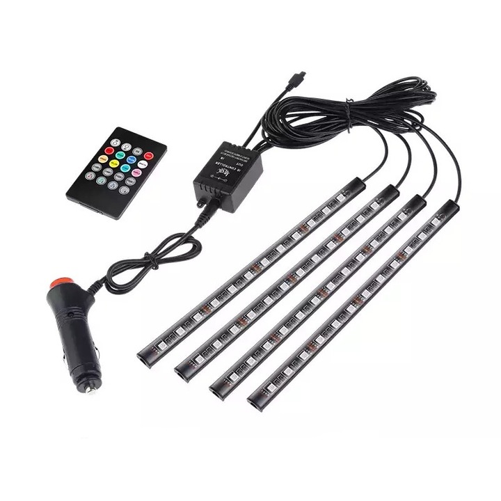 Kit Iluminare Ambientala LED Interior Masina, Multicolor RGB cu Telecomanda, led 22 cm, Selling Depot