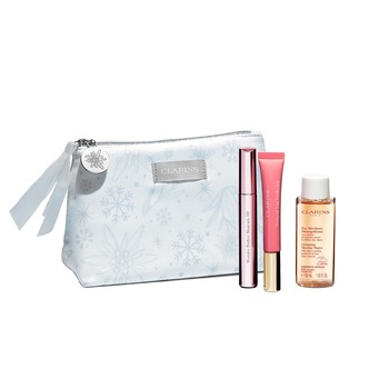 Set machiaj Clarins, mascara Wonder Perfect 4D Black 8 ml, luciu de buze 12 ml, apa micelara 50 ml, portfard Set machiaj Clarins, mascara Wonder Perfect 4D Black 8 ml, luciu de buze 12 ml, apa micelara 50 ml, portfard