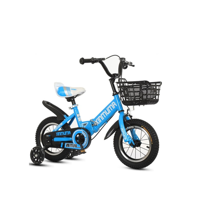 Bicicleta 14 inch , Sport albastru pentru copii 3-6 ani, roti ajutatoare cu luminite , cadru otel, roti cauciuc, cos jucarii
