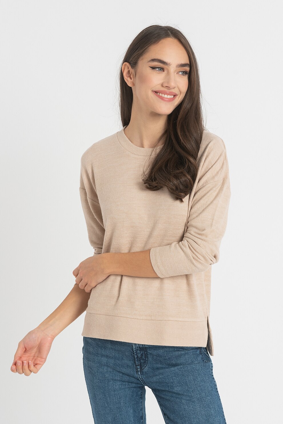 Haily's, Pulover cu decolteu la baza gatului si maneci cazute Jolea, maro melange