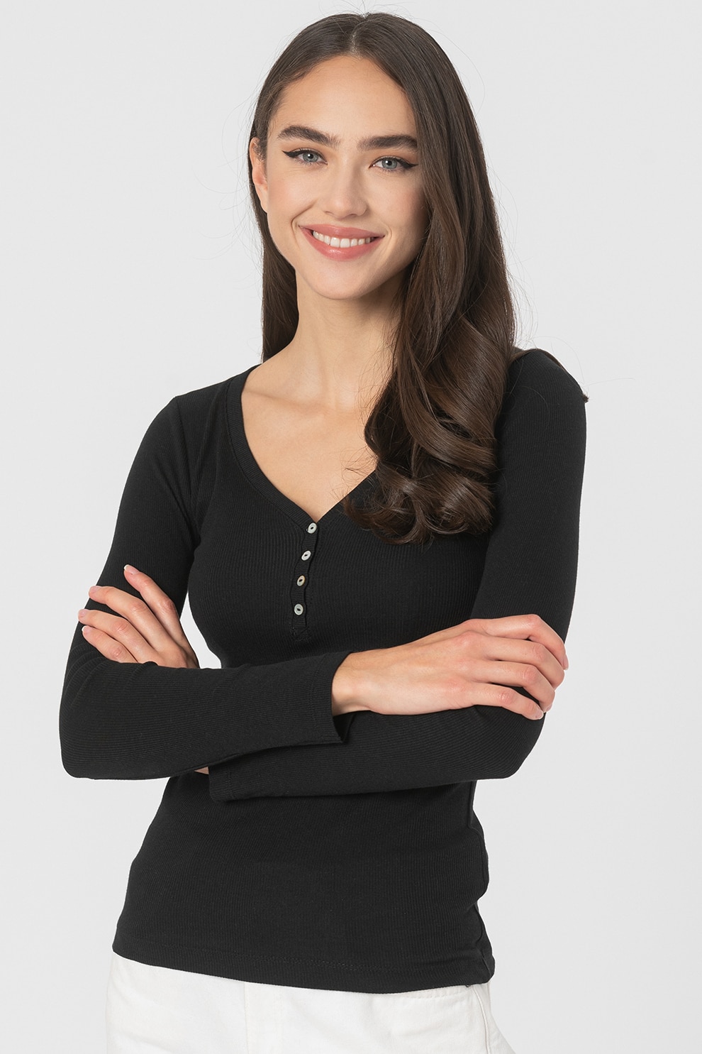 Haily's, Bluza din amestec de modal cu decolteu Henley Kora, Negru