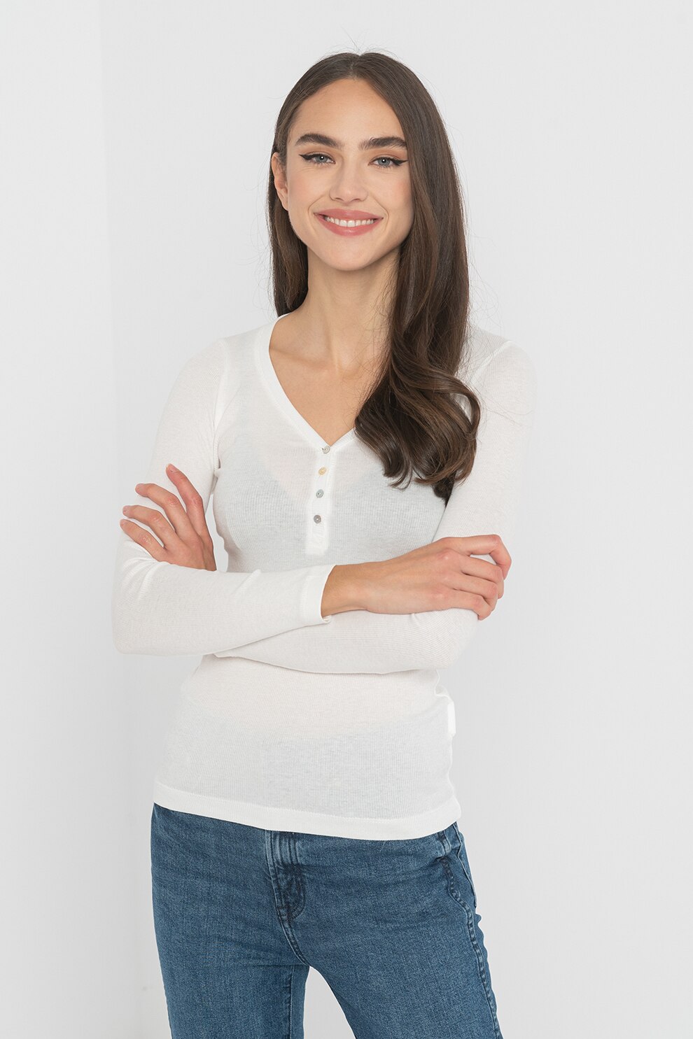 Haily's, Bluza din amestec de modal cu decolteu Henley Kora, Alb