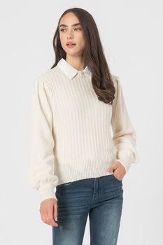 Haily's, Pulover cu decolteu la baza gatului si aspect de tricot fin Elina, Alb prafuit Haily's, Pulover cu decolteu la baza gatului si aspect de tricot fin Elina, Alb prafuit