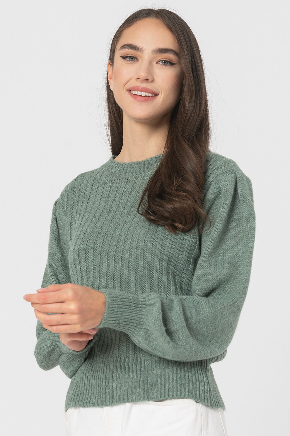 Haily's, Pulover cu decolteu la baza gatului si aspect de tricot fin Elina, Verde marin