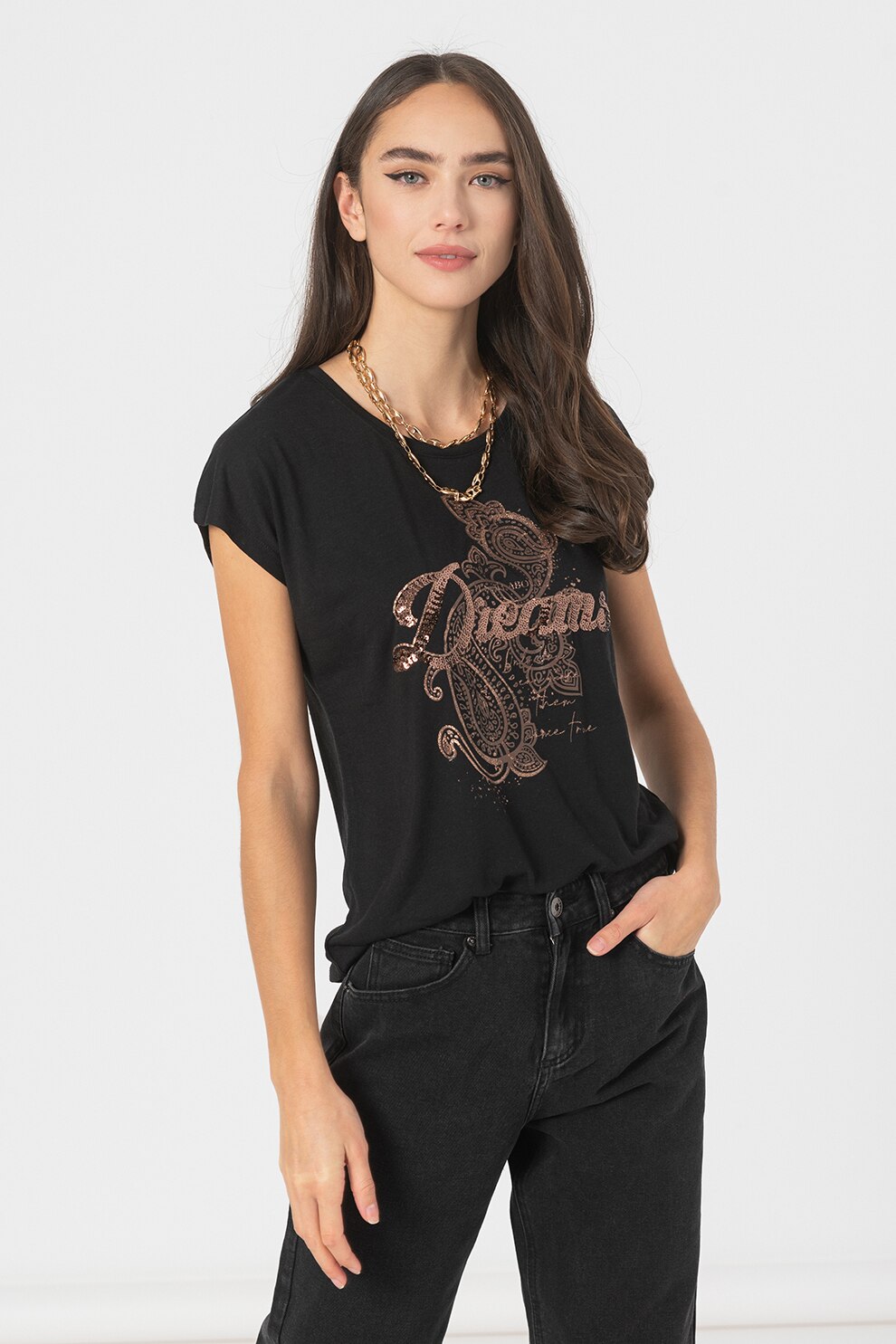 Haily's, Tricou cu aplicatii de paiete, Negru/Maro inchis