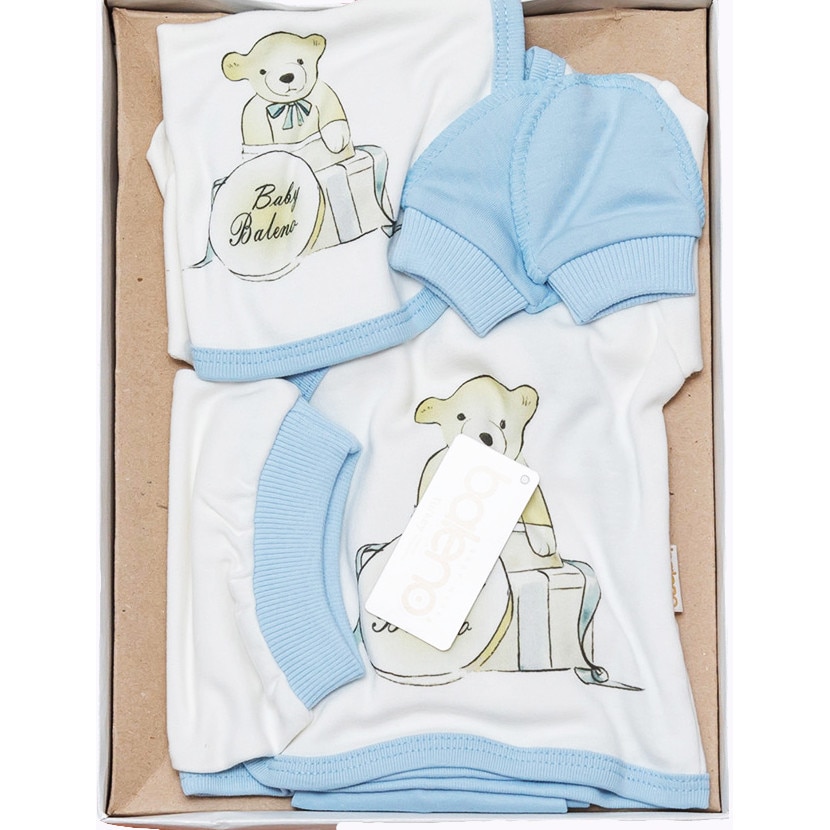 Set cadou 5 Piese pentru Bebelusi, Imprimeu Ursulet, BALENO AKU BABY, 1-3 luni, Alb/Bleu AK7424