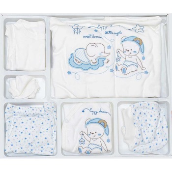 Set cadou 10 Piese pentru Nou nascuti imprimeu Elefanti, PETINO AKU BABY, 1-3 luni, Alb/Albastru AK7406 Set cadou 10 Piese pentru Nou nascuti imprimeu Elefanti, PETINO AKU BABY, 1-3 luni, Alb/Albastru AK7406