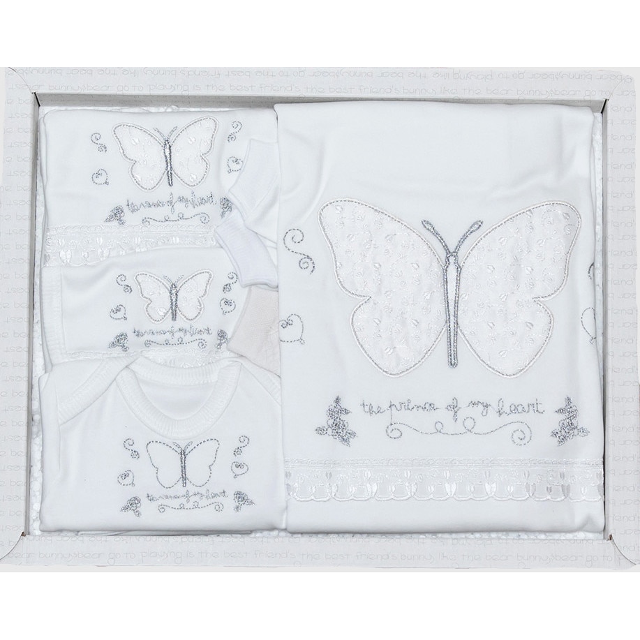 Set10 Piese pentru Nou nascuti/Bebelusi, cu Broderie Fluturasi, din Bumbac organic, AKU BABY, 1-3 luni, Ecru cadou botez AK7422