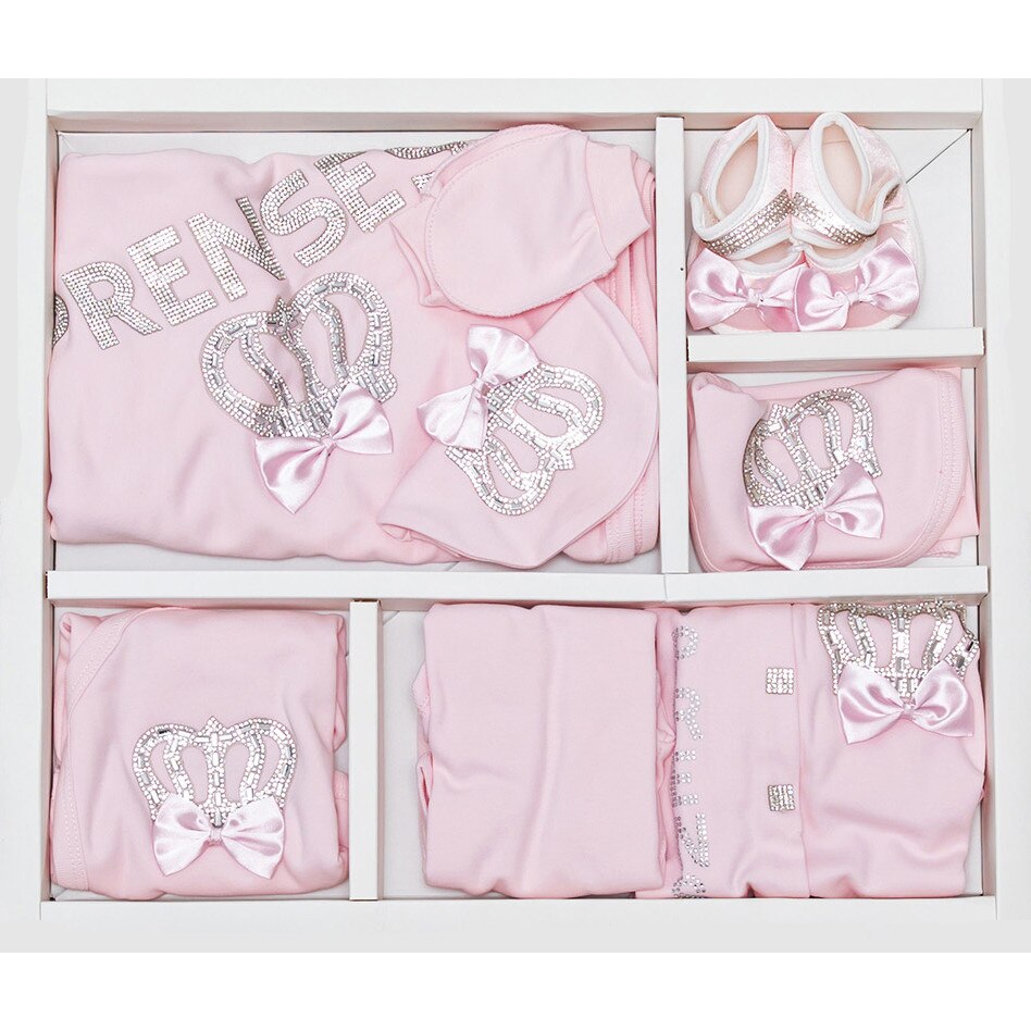 Set cadou 10 Piese pentru Bebelusi, cu Strasuri Stralucitoare PRINTESA/PRENCES AKU, 1-3 luni, Alb/Roz AK7420