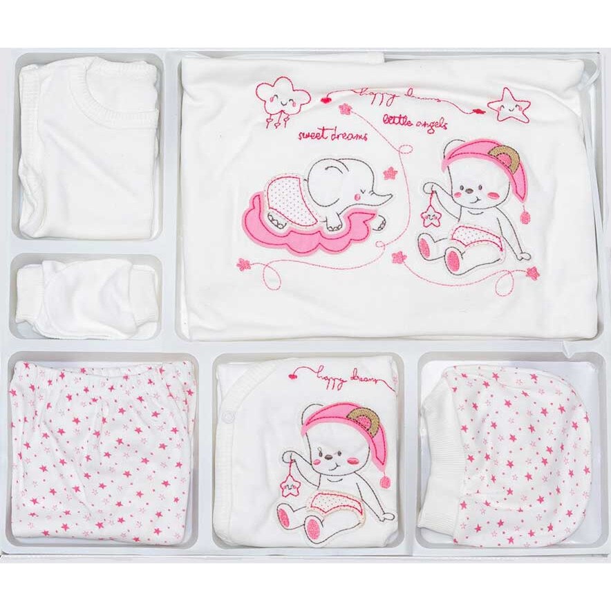 Set cadou 10 Piese pentru Bebelusi, imprimeu Elefanti, PETINO AKU BABY, 0-4 luni, Alb/Roz AK7406