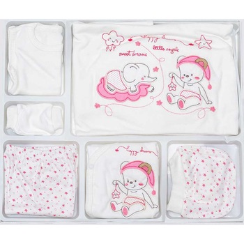 Set cadou 10 Piese pentru Bebelusi, imprimeu Elefanti, PETINO AKU BABY, 0-4 luni, Alb/Roz AK7406 Set cadou 10 Piese pentru Bebelusi, imprimeu Elefanti, PETINO AKU BABY, 0-4 luni, Alb/Roz AK7406