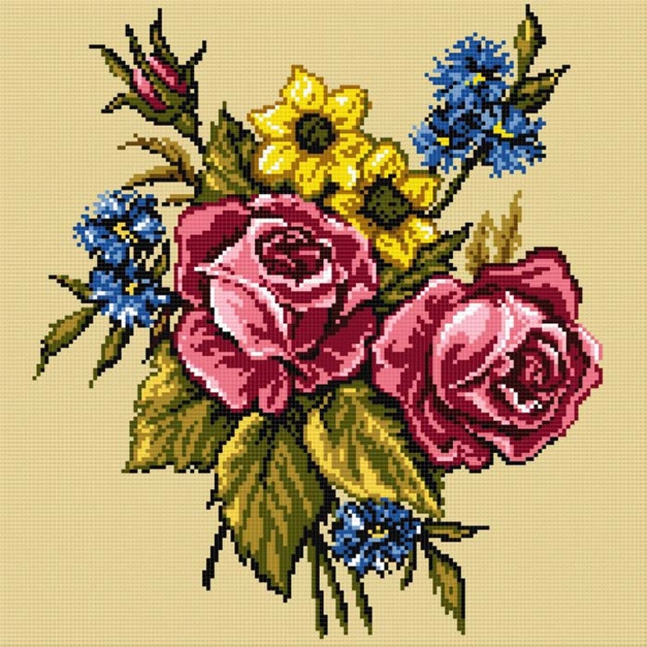 Goblen Flori 5 , Hudemas , kit imprimat pe panza , cu fire mouline 16x16cm