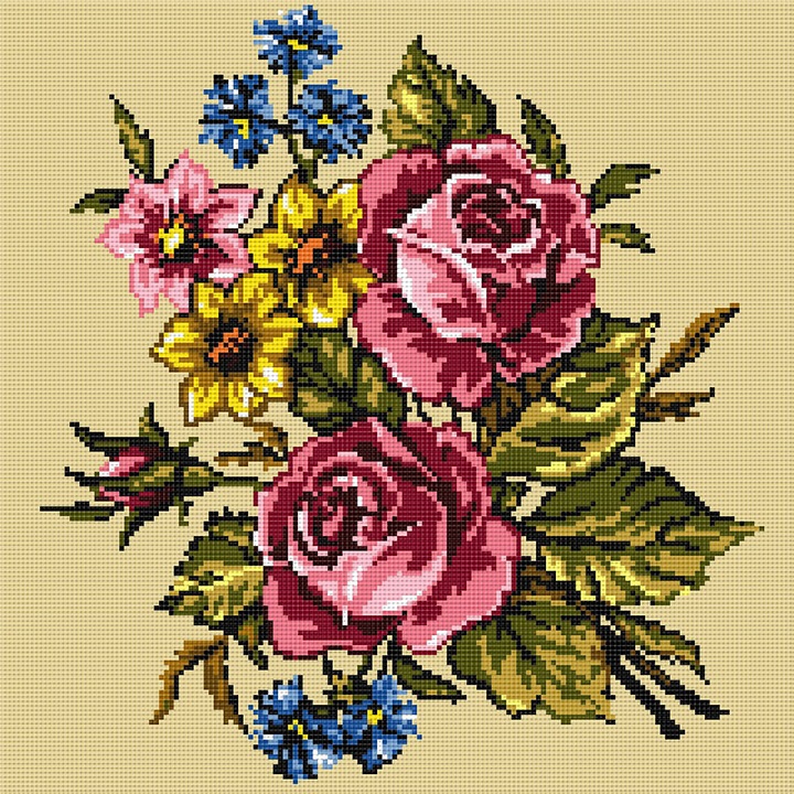 Goblen Flori 7 , Hudemas , kit imprimat pe panza , cu fire mouline 16x16cm