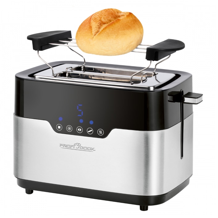 Prajitor de paine ProfiCook, PC-TA 1170, 2 felii, 4 in 1, touchscreen, ecran LED, 7 niveluri de prajire, functie rumenire uniforma, argintiu/negru
