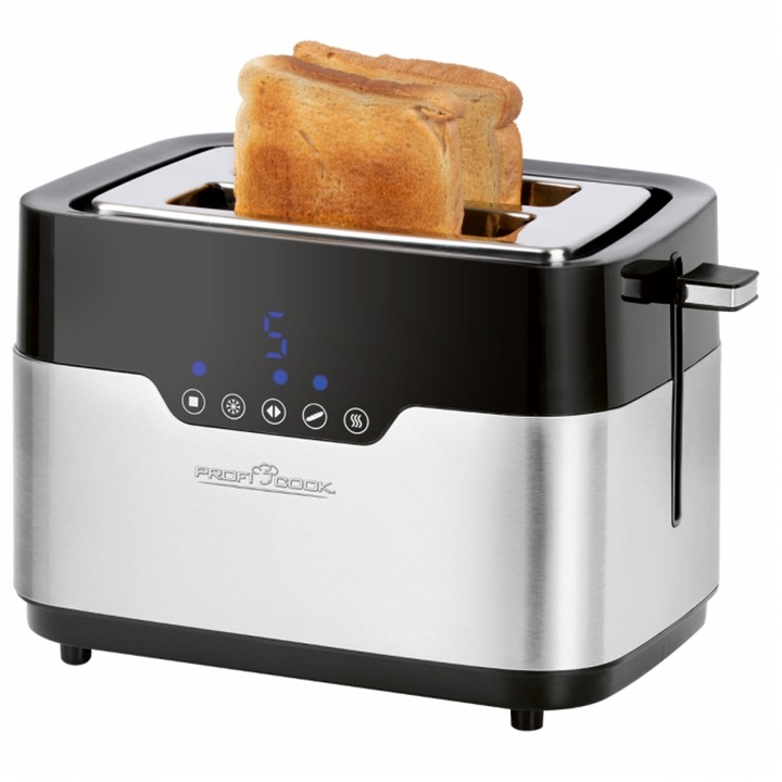 Тостер ProfiCook, PC-TA 1170, 2 филийки, 4 в 1, тъчскрийн, LED екран, 7 нива на препичане, функция за равномерно запичане, сребрист/черен