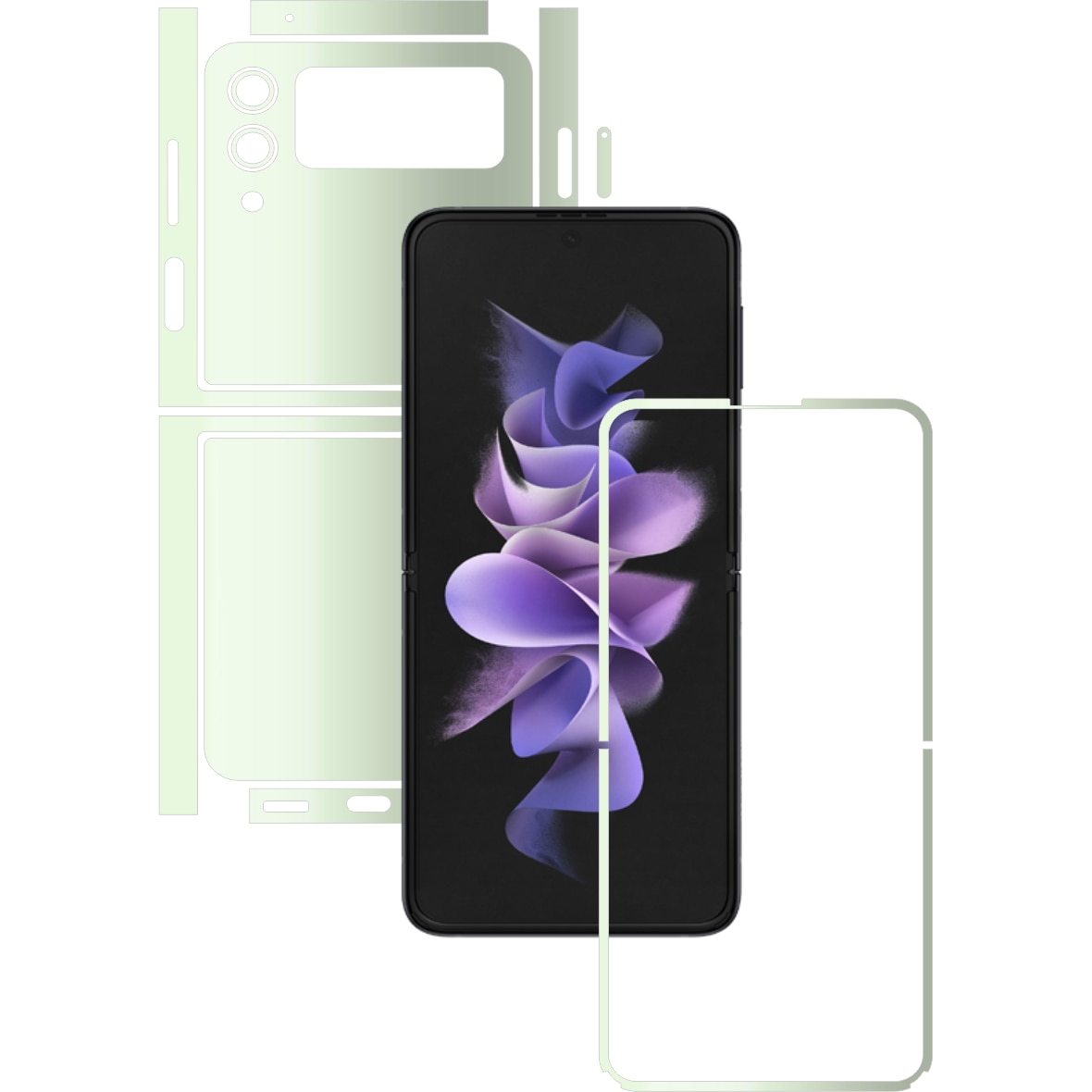 Folie Protectie Glow Skinz pentru Samsung Galaxy Z Flip3 5G - Verde Fosforescent Split Cut, Skin Adeziv Full Body Cover pentru Rama Ecran, Carcasa Spate si Laterale
