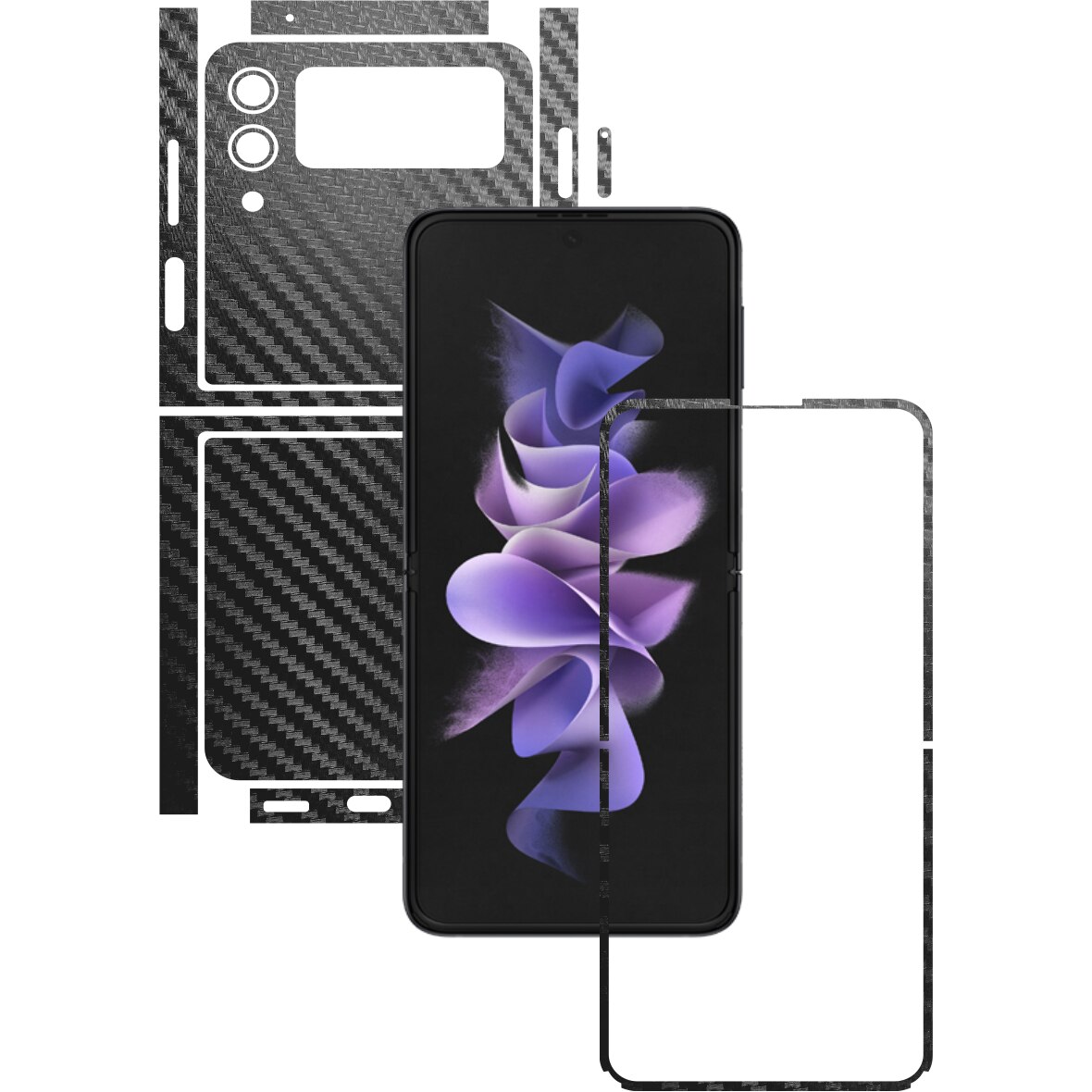 Folie Protectie Carbon Skinz pentru Samsung Galaxy Z Flip3 5G - Carbon Negru Split Cut, Skin Adeziv Full Body Cover pentru Rama Ecran, Carcasa Spate si Laterale