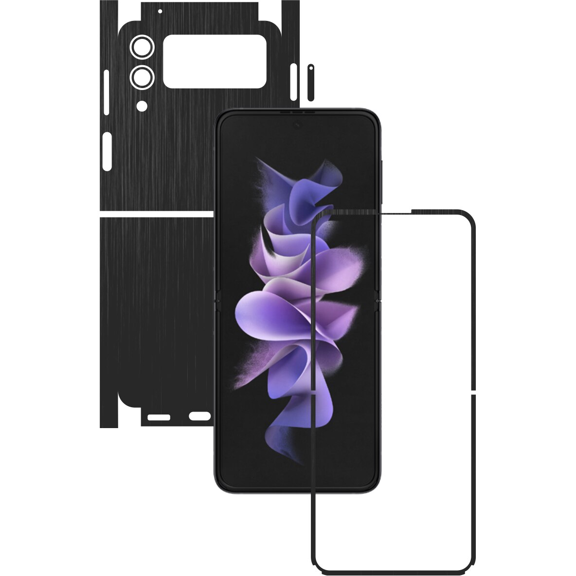 Folie Protectie Carbon Skinz pentru Samsung Galaxy Z Flip3 5G - Brushed Negru 360 Cut, Skin Adeziv Full Body Cover pentru Rama Ecran, Carcasa Spate si Laterale