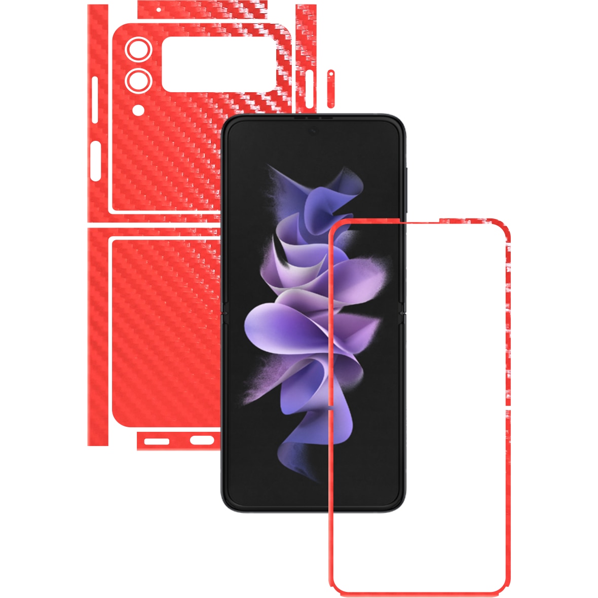 Folie Protectie Carbon Skinz pentru Samsung Galaxy Z Flip3 5G - Carbon Rosu Split Cut, Skin Adeziv Full Body Cover pentru Rama Ecran, Carcasa Spate si Laterale