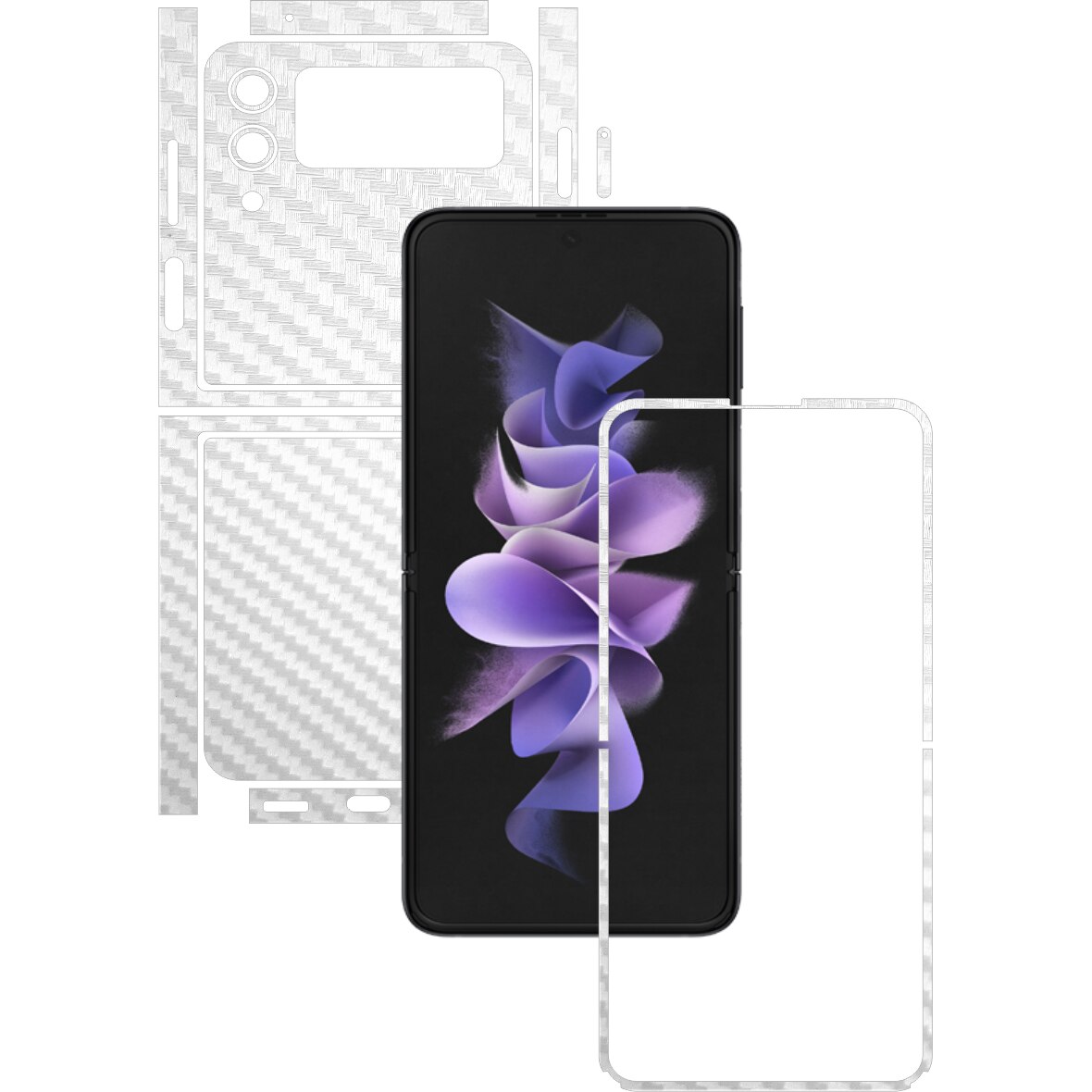 Folie Protectie Carbon Skinz pentru Samsung Galaxy Z Flip3 5G - Carbon Alb Split Cut, Skin Adeziv Full Body Cover pentru Rama Ecran, Carcasa Spate si Laterale