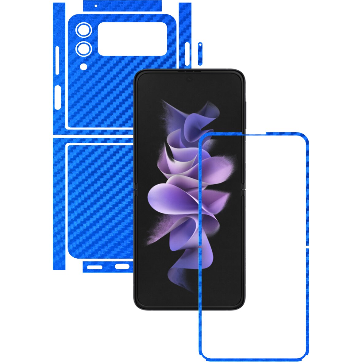 Folie Protectie Carbon Skinz pentru Samsung Galaxy Z Flip3 5G - Carbon Albastru Split Cut, Skin Adeziv Full Body Cover pentru Rama Ecran, Carcasa Spate si Laterale