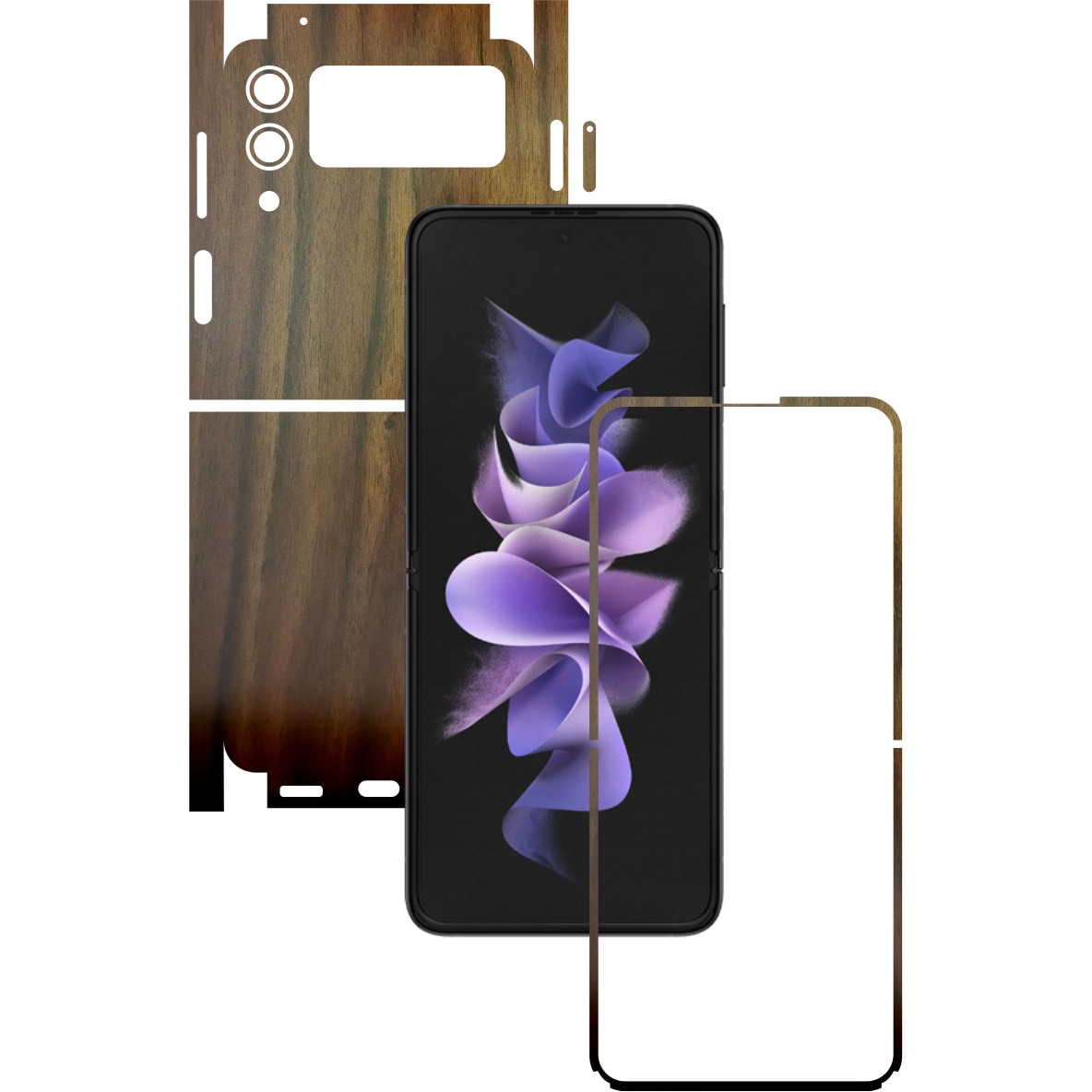 Folie Protectie Carbon Skinz pentru Samsung Galaxy Z Flip3 5G - Lemn Nuc 360 Cut, Skin Adeziv Full Body Cover pentru Rama Ecran, Carcasa Spate si Laterale