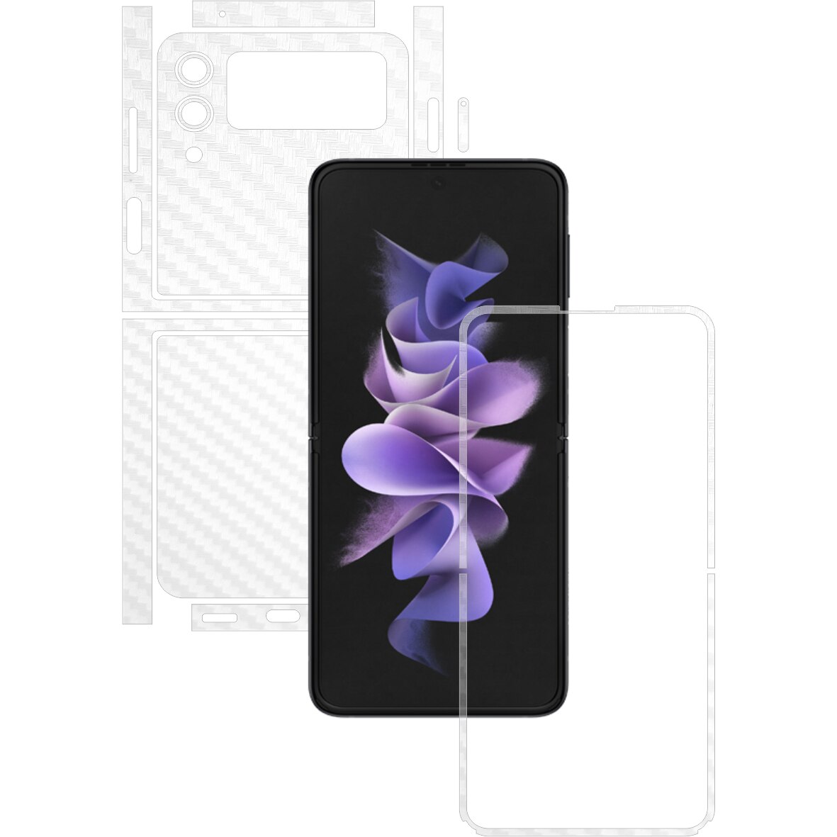 Folie Protectie Carbon Skinz pentru Samsung Galaxy Z Flip3 5G - Carbon Transparent Split Cut, Skin Adeziv Full Body Cover pentru Rama Ecran, Carcasa Spate si Laterale