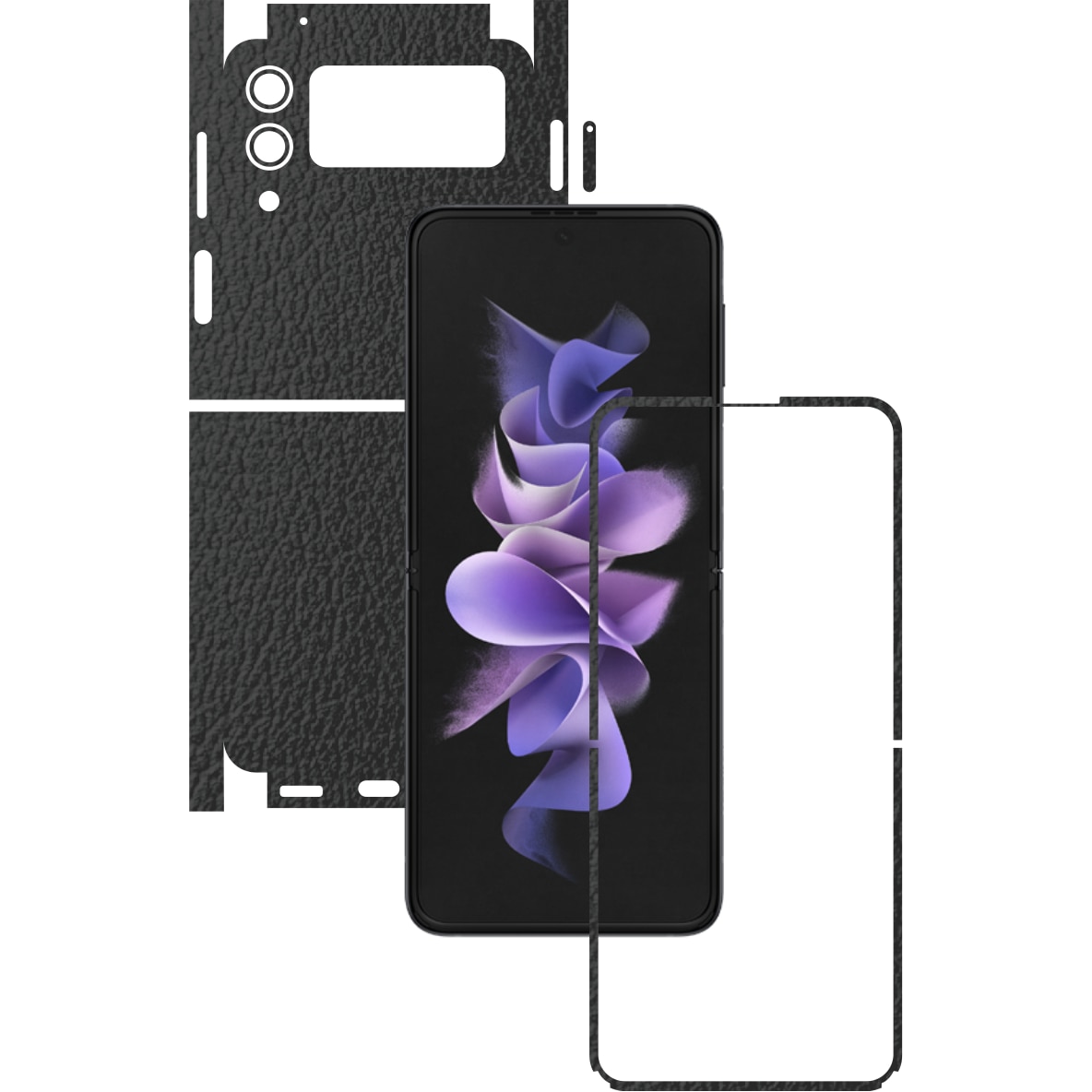 Folie Protectie Carbon Skinz pentru Samsung Galaxy Z Flip3 5G - Piele Neagra 360 Cut, Skin Adeziv Full Body Cover pentru Rama Ecran, Carcasa Spate si Laterale