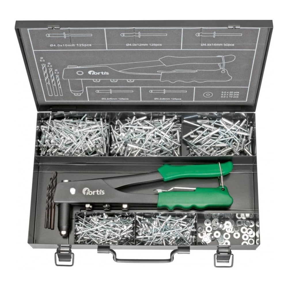 Set pentru nituire Fortis, cu cleste nituire, nituri, saibe, 3 burghie, diferite dimensiuni, 604 piese