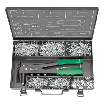 Set pentru nituire Fortis, cu cleste nituire, nituri, saibe, 3 burghie, diferite dimensiuni, 604 piese Set pentru nituire Fortis, cu cleste nituire, nituri, saibe, 3 burghie, diferite dimensiuni, 604 piese