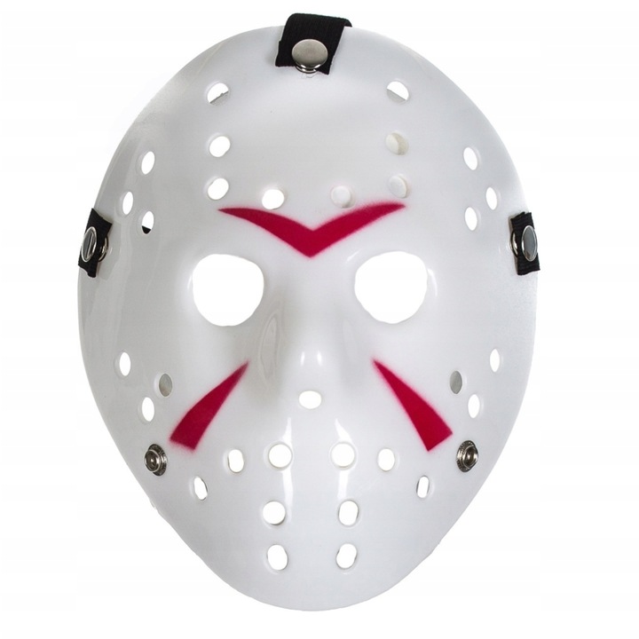 Masca Freddy 2, Freddy 2/Jason Voorhees, 25x21 cm, Material Plastic De Inalta Calitate, Sistem De Prindere Reglabil, Design Autentic, Friday 13Th, Perfecta Pentru Halloween Si Petreceri Tematice, Alb Cu Detalii Rosii