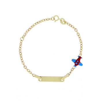 Bratara copii aur 14 k cu placuta si avion albastru si rosu Bratara copii aur 14 k cu placuta si avion albastru si rosu