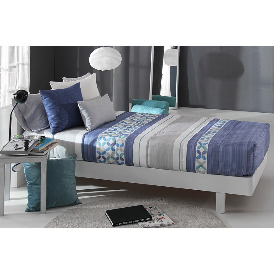 Set Cuvertura matlasata fixa Yale AG si 1 perna decorativa, Reig Marti, albastru, pentru pat de 90 cm x 200 cm