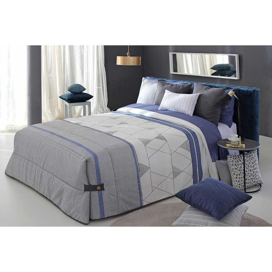 Set Cuvertura matlasata Zenda si 2 perne decorative, Reig Marti, gri, albastru, dimensiune 250 cm x 270 cm