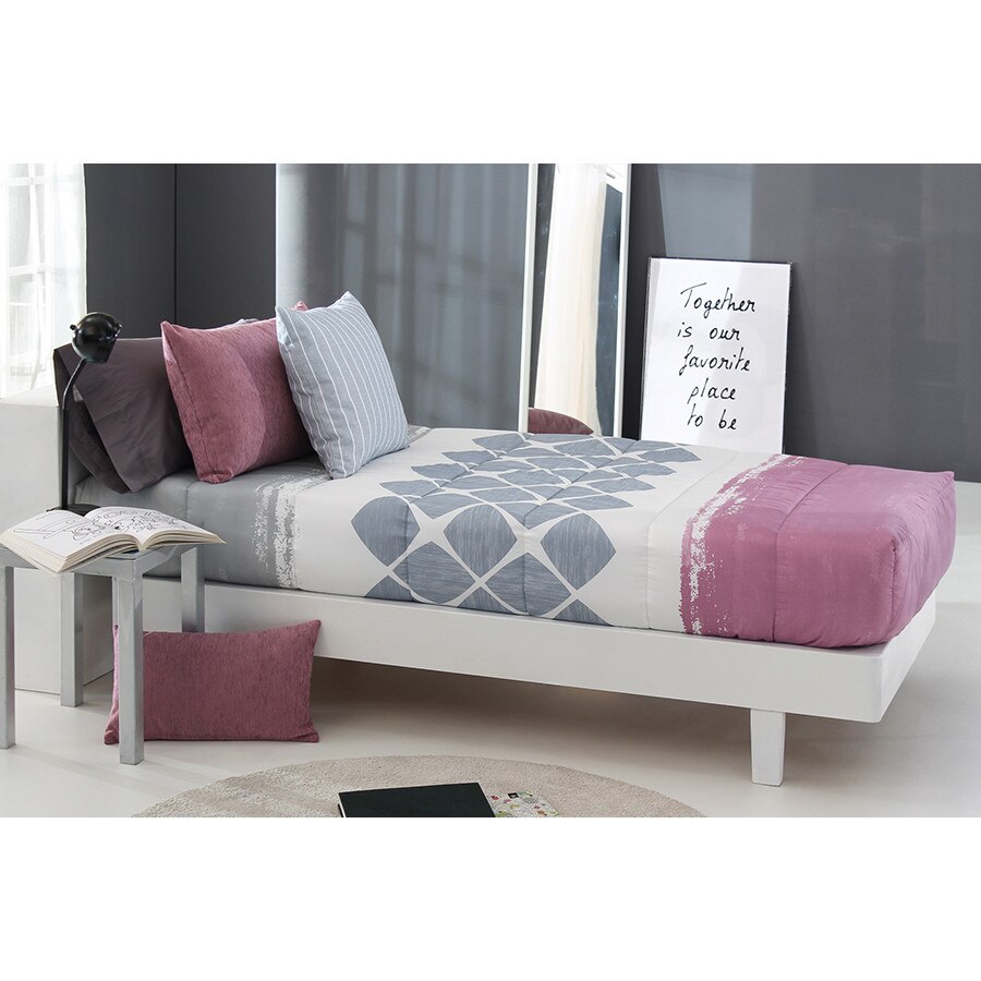 Set Cuvertura matlasata fixa Unique AG si 1 perna decorativa, Reig Marti, roz, gri, pentru pat de 90 cm x 200 cm